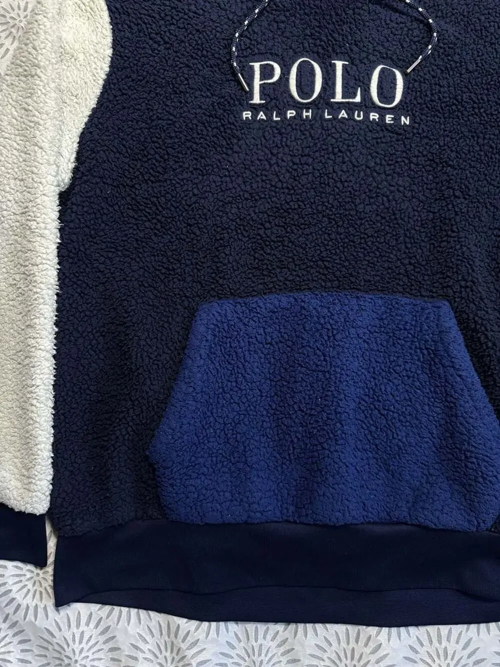 Polo Ralph Lauren Logo Pile Fleec Hoodie Navy Blue White Mens Large